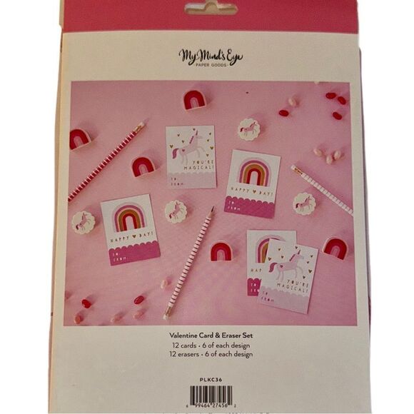 My Mind’s Eye 12 Pack Pink Rainbows & Unicorns Valentine’s Day Cards & Erasers - Picture 4 of 10